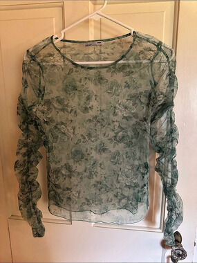 Zara Sheer Floral Mesh Top Green Size Medium